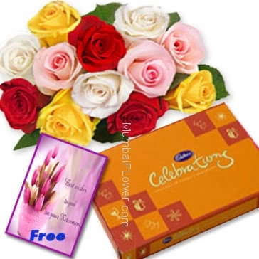 Bunch of 12 mixed colored roses nicely decorated with small cadbury celebration and simple greeting card 