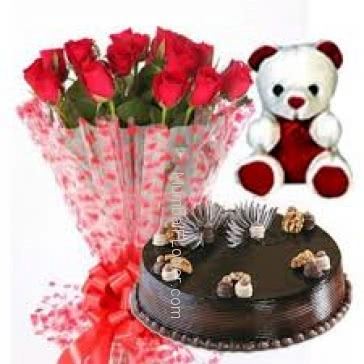 Bunch of 15 red roses nicely decorated with half kg. chocolate cake and 6 inch teddy 