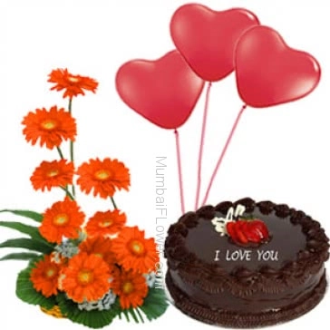 Arrangement of 15 Orange gerberas nicely decorated with half kg.chocolate truffle cake with balloons 