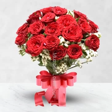 Bunch of 25 red roses nicely decorated with fillers and ribbons