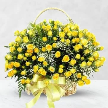 Basket of 70 Yellow roses nicely decorated with fillers and ribbons