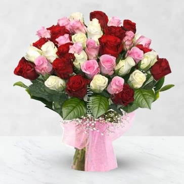 Bunch of 40 red, pink and white roses nicely decorated with fillers and ribbons