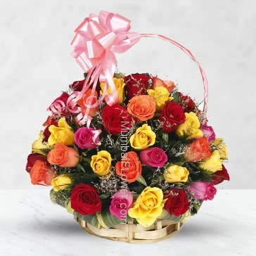 Basket of 40 Mixed roses nicely decorated with fillers and ribbons
