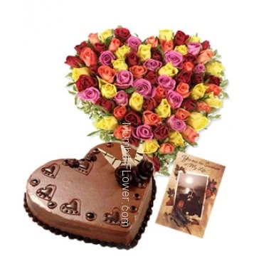 Heart shape Arrangement of 100 Mixed Colored Roses nicely decorated with 1 kg. Heart shape Chocolate truffle cake and simple greeting card 