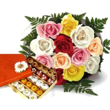 Bunch of 10 Mixed Roses n Half kg. Mixed Barfi