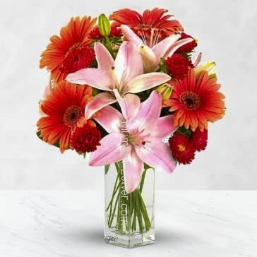 Glass vase with 10 red gerbras and 3 pc Asiatic Pink lilies nicely decorated with greens