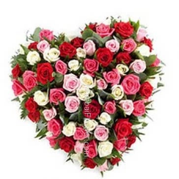 Heart shape arrangement of 50 Mixed roses nicely decorated with greens