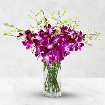 Vase with Bunch of 10 Purple orchids nicely decorated with greens