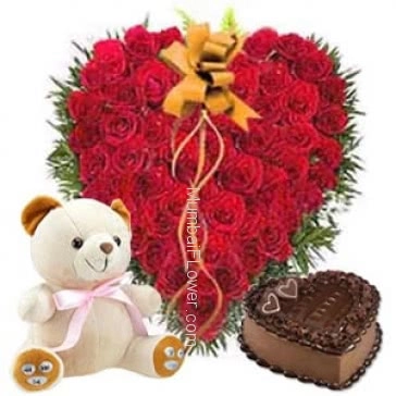 Heart shape 50 red Roses nicely decorated with 1 kg. Heart shape Chocolate truffle cake and 12 inch teddy