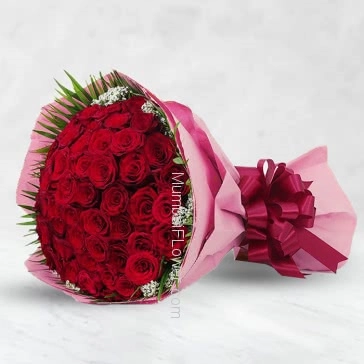 Bunch of 75 Red Roses nicely decorated with fillers and ribbons