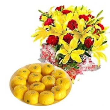 Bunch of 15 red carnation and 5 stems Yellow Lilies nicely decorated with 1 kg..kesar penda 