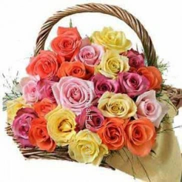 Basket of 25 Mixed colored roses nicely decorated with greens