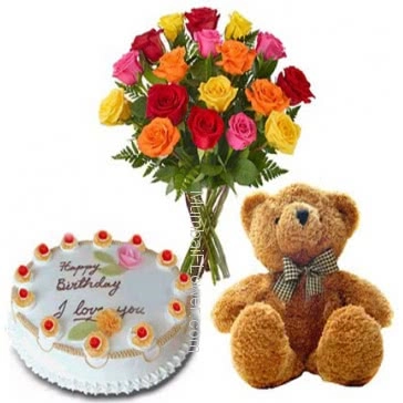 Bunch of  15 mixed color roses with half kg, Vanilla cake and 12 inch teddy 