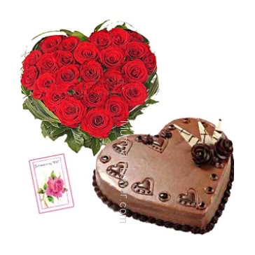 Heart shape arrangement of 50 red roses nicely decorated with 1 kg.chocolate cake heart shape and simple greeting card