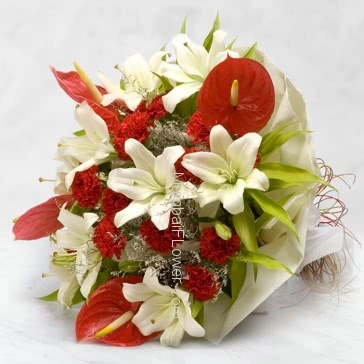 Bunch of 6 pc Asiatic White Lilies and 10 Red Roses, 10 Red Carnation and 2 pc Anthurium nicely decorated with fillers and ribbons.with paper packing