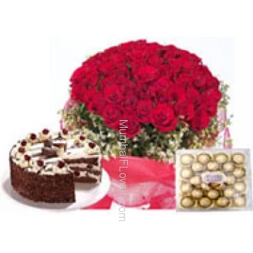 Bunch of 30 red roses nicely decorated with half kg. egg lase black forest cake and  24pc Ferrero Rocher Chocolate