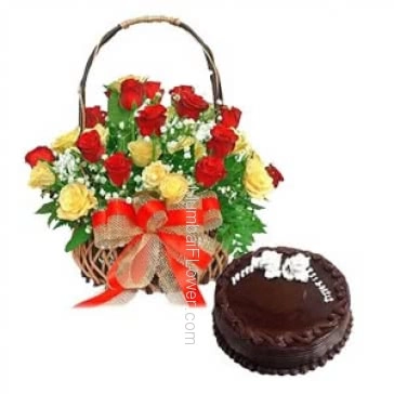 Basket of 20 Red and Yellow roses nicely decorated with Half kg. Eggless chocolate truffle cake 