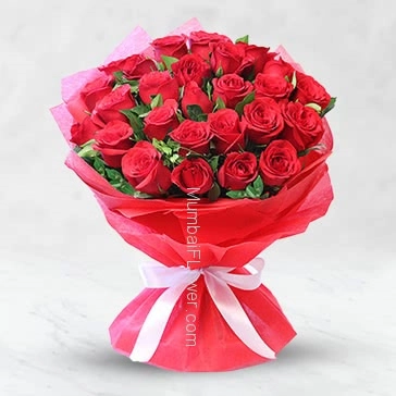 Bunch of 25 Red Roses nicely decorated with ribbons..