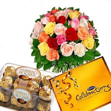 Bunch of 25 mixed colored roses nicely decorated with 16pc Ferrero Rocher Chocolate and small cadbury celebration 