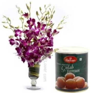 Glass vase with 10 orchids nicely decorated with 1 kg. gulab jamun 