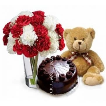 Glass vase with 30 red and white carnation nicely decorated with Half kg. chocolate truffle and 12 inch teddy