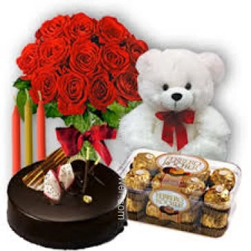 Bunch of 15 Red Roses, half kg. chocolate cake with 16pc Ferrero Rocher Chocolate and 6 inch teddy 