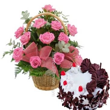 Basket of 20 Pink Roses nicely decorated with half kg. Black Forest Cake
