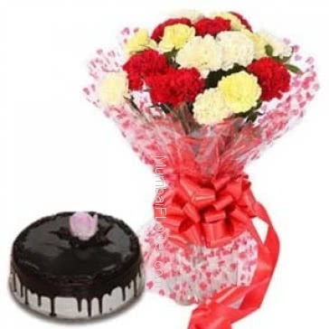 Bunch of 20 Mixed carnation nicely decorated with Half kg..chocolate cake