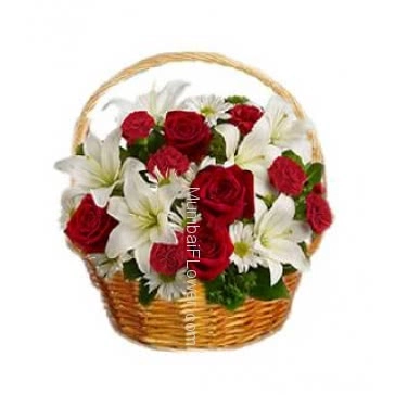 Bunch of 20 Red Roses and 5 pc Asiatic White lilies nicely decorated with fillers and greens