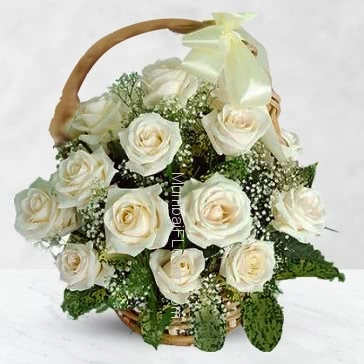 Basket of 15 White Roses nicely decorated with greens