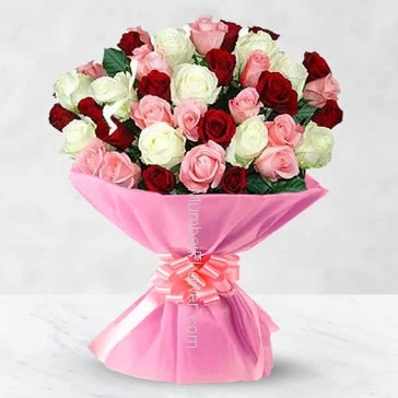 Bunch of 40 Pink White Red colored roses nicely decorated with ribbons
