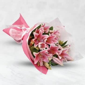 Bunch of 5 pc Asiatic Pink lilies nicely decorated with ribbons 