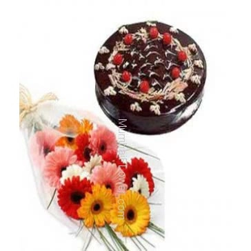 Bunch of 10 mixed colored gerberas nicely decorated with half kg. chocolate cake 