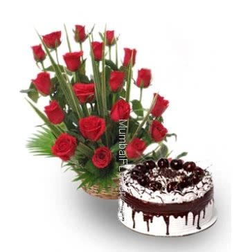 Basket of 20 Red Roses nicely decorated with half kg. black forest cake 