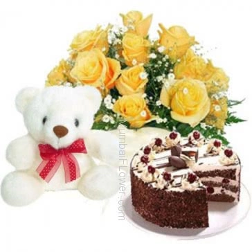 Bunch of 10 yellow roses nicely decorated with half kg. black forest cake and 6 inch teddy