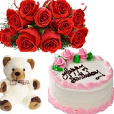 Bunch of 12 red roses nicely decorated with half kg. strawberry cake and 12 inch teddy 