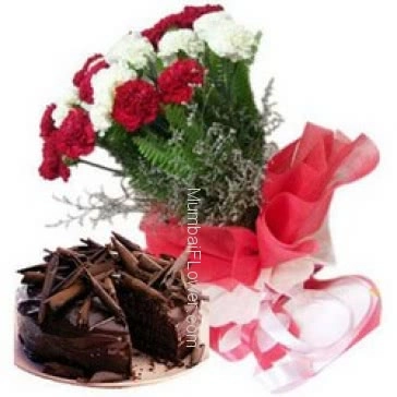 Bunch of 20 red and white carnation nicely decorated with half kg. chocolate truffle cake 