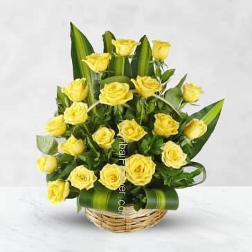 Arrangement of 25 Yellow roses nicely decorated with fillers and greens  