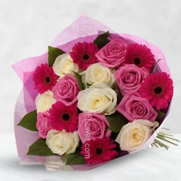 Bouquet of 6 Red Gerberas 6 Pink Roses and 6 White Roses nicely packed with color Paper Packing