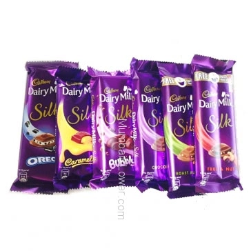 6pc Cadbury Silk Combo with different flavours really delicious chocolates, This pack contains 6pc chocolates 55g. approx each. Please note we may substitute flavour in case of unavailability