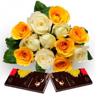 Bunch of 12 Yellow and White Roses with 2 pc Small Bournville Chocolates