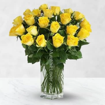 Glass vase with 30 Yellow roses with fillers and greens