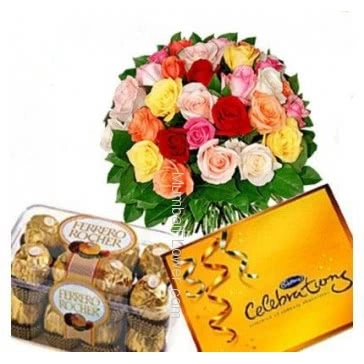 Bunch Of 30 Mixed Colored Roses, and 16 pc Ferrero Rocher Chocolate and Small Cadbury Celebration 