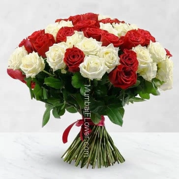 Bunch of 40 Red and White Roses with paper packing