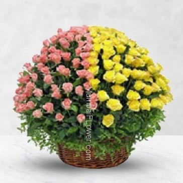 Basket of 100 Pink and Yellow Roses with fillers and greens
