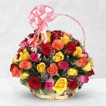 Basket of 40 Mixed Colored Roses with fillers and greens