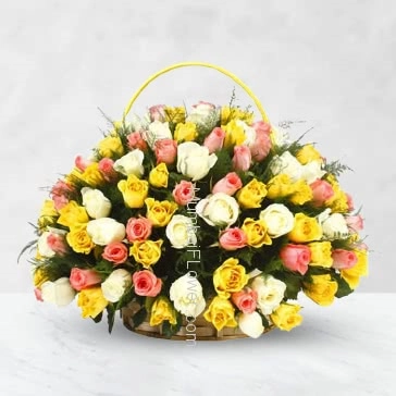 Basket of 70 Mixed Colored Roses with fillers and greens