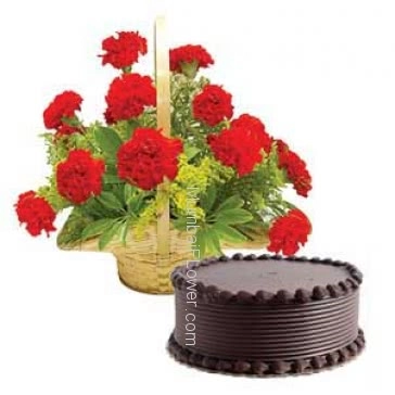Basket of 20 Red Carnation and Half Kg. Chocolate Truffle Cake 