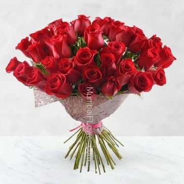 Bunch of 35 Red Roses with fillers and Paper Packing 