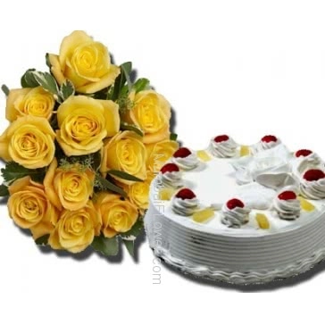 Bunch of 12 Yellow Roses with Plastic Cellophane packing and Half Kg. Pineapple Cake 